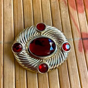 Vintage 90s Light Gold-toned Ruby Red Colored Glass & Rhinestoned Broach